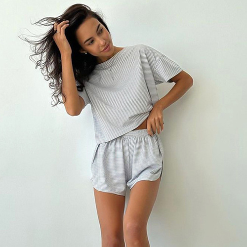 2024 Western and European Autumn Knitted Striped Sleepwear Loose Short Sleeve Shorts Set Fashion Cross-border Wear Home Wear for Women