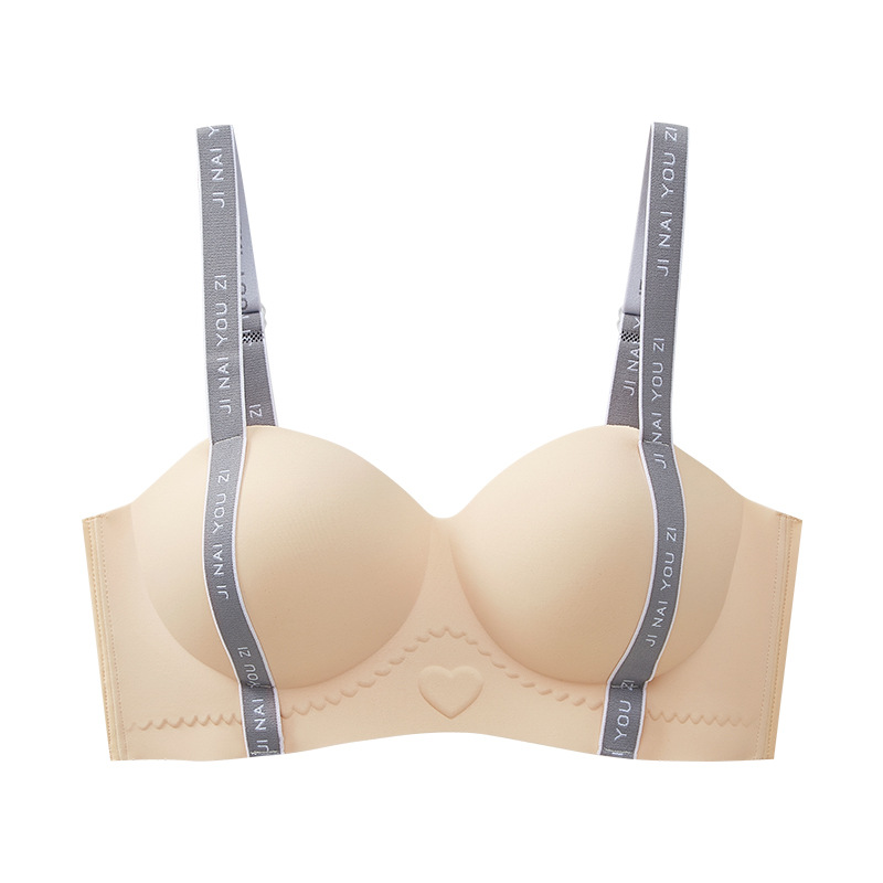 Nuevos productos sin anillo de acero belleza de espalda sin marca ropa interior letras cinturón de hombro pecho pequeño colapsado lateral sujetador de mujer transmisión en vivo