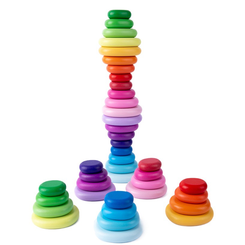 Color de madera concentración mano-ojo coordinación estabilidad entrenamiento apilado piedra color madera Arco Iris piedra juguete