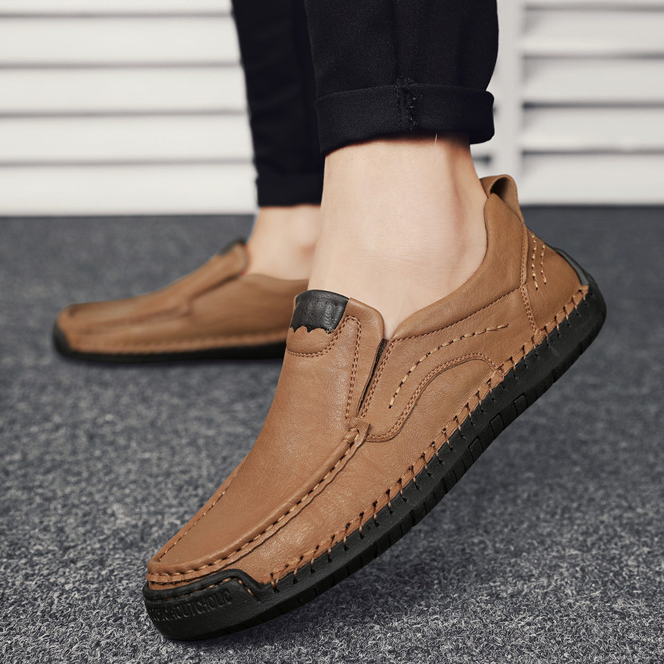 Giày lười nam da bò khâu thủ công cổ thấp mũi tròn, đế bằng — 9914 kaki, 9914 màu đen, 9914 nâu sẫm, Màu xám 9914