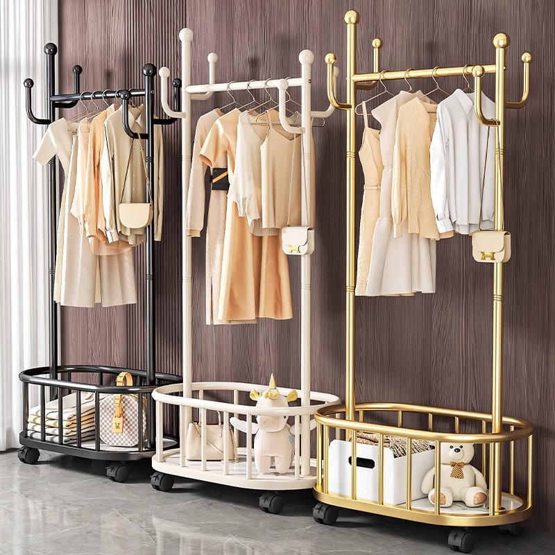 Mobile Coat Rack, Floor-Standing Bedroom Storage Rack, Thickened with Basket, Light Luxury Cactus Style, Small Apartment Coat Rack