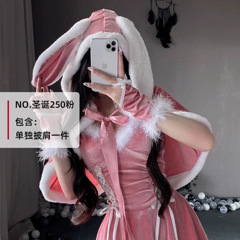 Hooded Velvet Cape, Rabbit-Ear Cosplay Accessory, Red/Pink, One Size