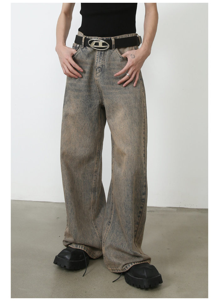 Quần jeans nam ống rộng phong cách retro, dáng suông dài chạm gót, lưng cạp vừa — Vàng gỉ chi tiết 11