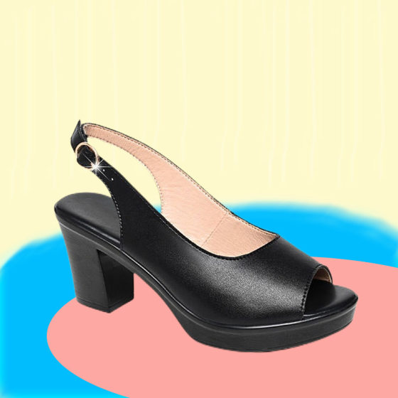 2023 New Summer Peep Toe Women's Soft Leather Sandals Thick Outer Wear Non-slip Women's Shoes Foreign Trade High Heel Sandals for Women