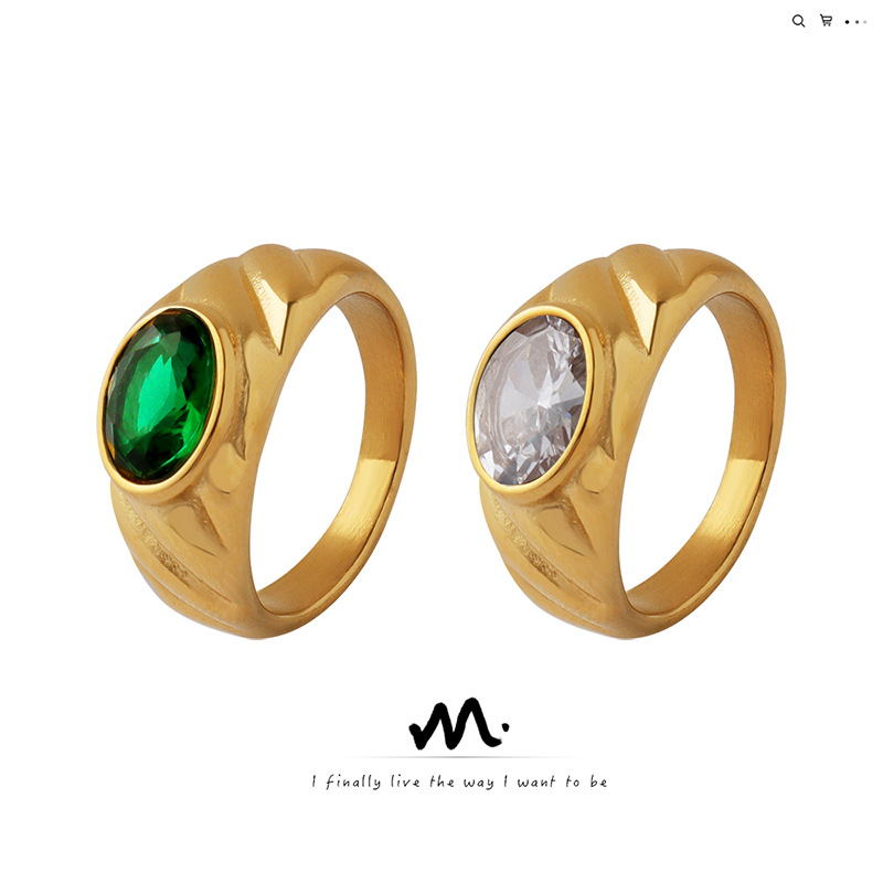 Anillo de pareja de boda europeo y americano estilo corte nicho diseño titanio acero chapado en oro con incrustaciones Anillo Verde blanco circón anillo femenino