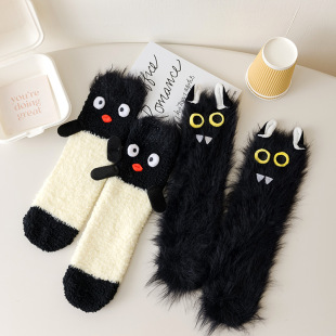 Penguin Socks, Ugly-Cute Mink Plush, Cute Monster Black Cat Socks for Women, Autumn and Winter Thickened Sleep Floor Socks, Fuzzy Socks