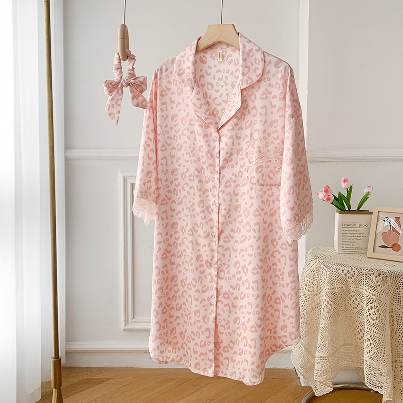 Nightdress Women's Summer Ice Silk Sexy Pink Leopard Shirt Ice Silk 2024 New High Sense Women's Pajamas