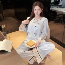 法式甜美春夏冰雪丝睡衣女士蕾丝翻领公主风长袖长裤家居服套装