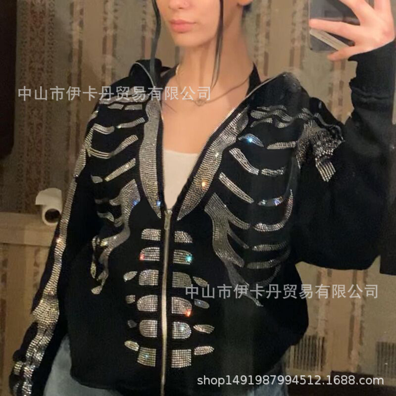 European and American Autumn and Winter Fashion Women's Casual Loose Jacket Tops Hot Diamond Printed Long-Sleeved Hooded Halloween Sweatshirt for Women