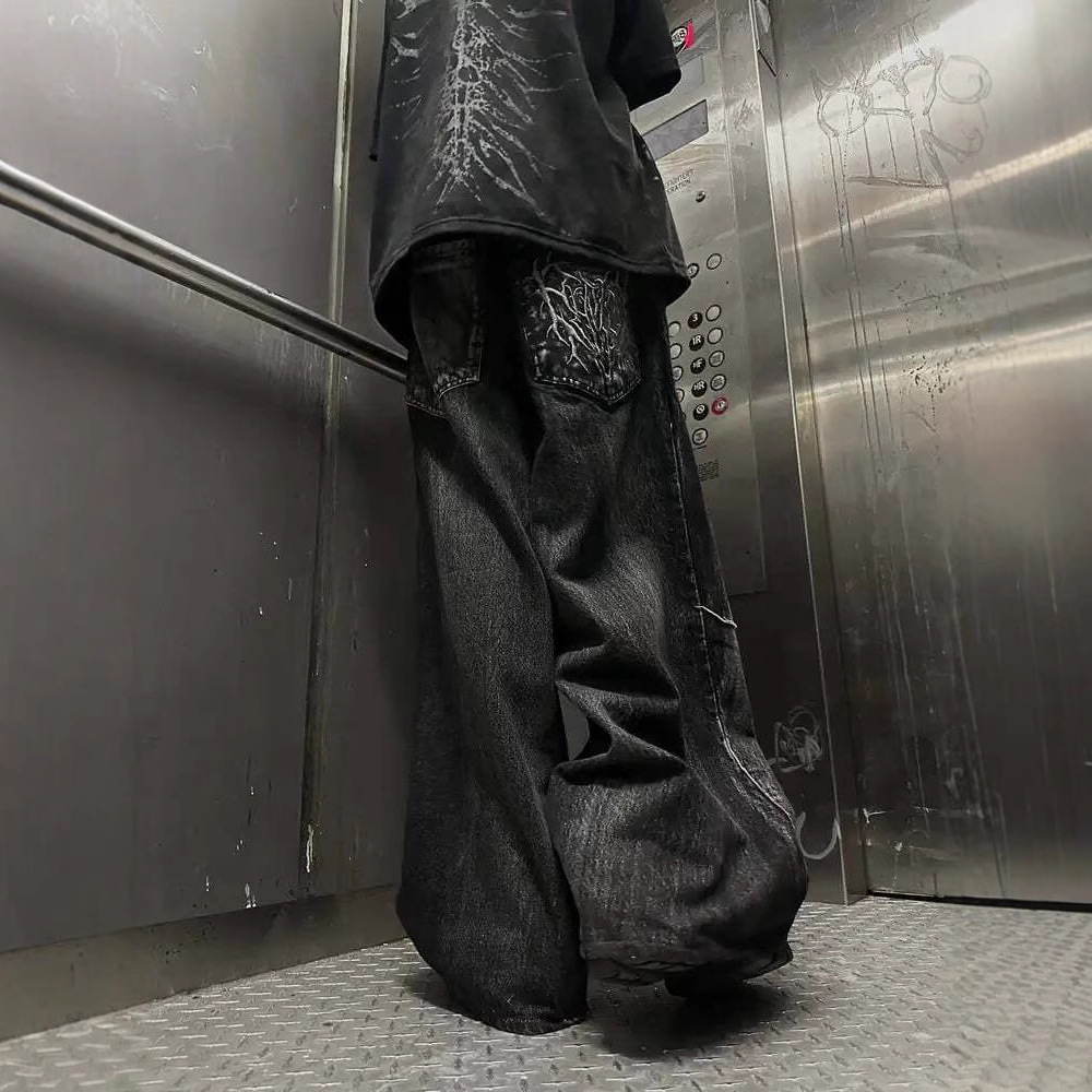 Gótico europeo y americano transfronterizo TK estilo caliente y2k diseño oscuro pantalones anchos pantalones sueltos de la calle jeans hombres
