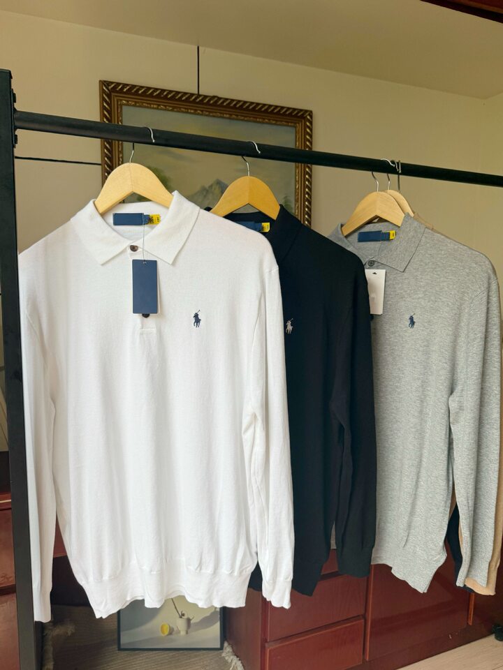 Áo polo nam dài tay cotton thêu hình ngựa nhỏ, cổ bẻ ba cúc, phong cách công sở — Màu kaki, Màu trắng, Màu xanh tím than, màu xám