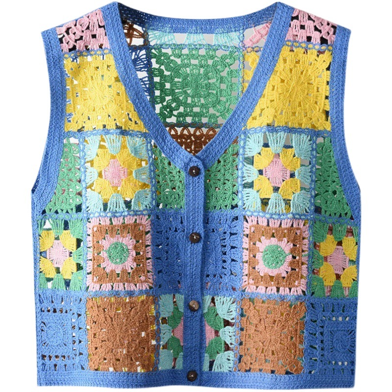 Nuevo estilo japonés hecho a mano de ganchillo contraste de color de punto Chaleco de las mujeres de moda de reducción de edad versátil chaleco cardigan desgaste exterior de moda superior