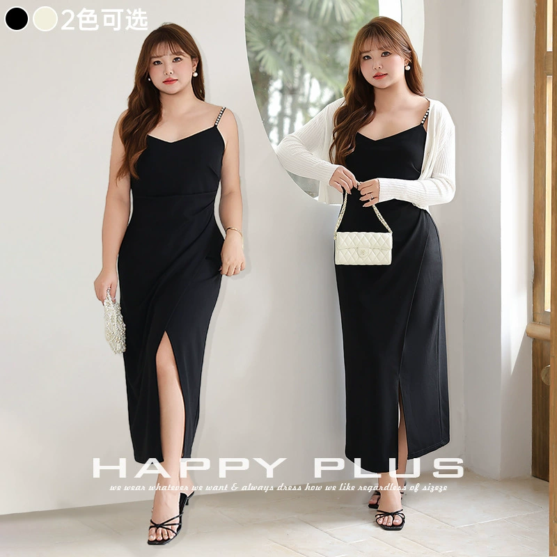 Платье с плиссированной талией и V-образным вырезом с разрезом и жемчужными ремешками Runqi 9235 Платье больших размеров на свадьбу и день рождения.