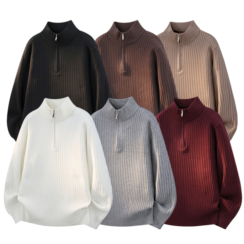 New lightweight luxury-style, old-money aesthetic, fashionable and casual half-zip, decorative collar, long-sleeved sweater for men, long-sleeved knit top for men