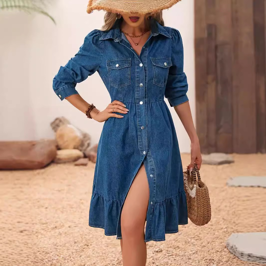 Women’s Denim Shirt Dress With Button-Down Collar – Long Sleeve Cotton Blend Casual Dress (Oversized Fit, Patch Pockets, Streetwear Staple)_ecoleips.com