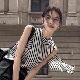 跨境外贸一件代发无袖条纹衬衫女夏新款气质飘带显瘦上衣