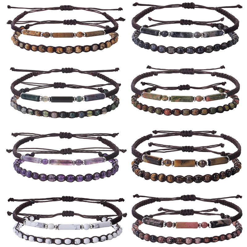 Amazon's New Stone Bracelet Set Hand-Woven Amethyst Tiger Eye Stone Cylindrical Stone Beaded Couple Bracelet