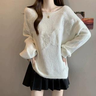 宽松立体蝴蝶亮片针织衫慵懒风圆领套头毛衣女春秋新款上衣