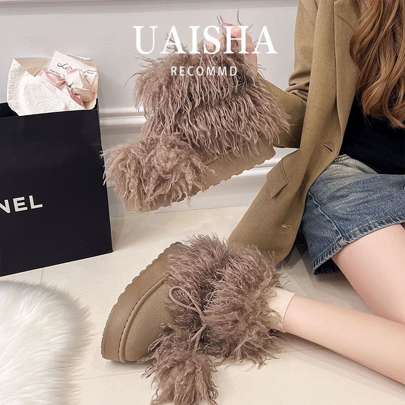 American-style, trendy, furry snow boots for women, available in plus sizes, 2026 new winter collection, with added fleece lining, thickened soles, and height-enhancing design for warmth