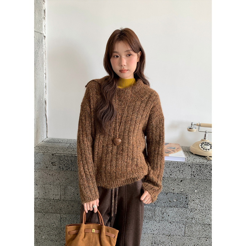 Yier Shirt Small Cookie Wool Thickened Wide Round Neck Sweater for Women Winter Ribbed New Versatile Top 0755 Yier Shirt Small Cookie Wool Thickened Wide Round Neck Sweater for Women Winter Ribbed New Versatile Top 0755