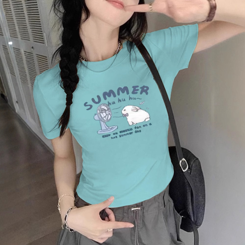 Summer New Cartoon Cute Blowing Bunny Print Design Short-Sleeved T-Shirt Niche Right Shoulder Versatile Short-Sleeved Top Summer New Cartoon Cute Blowing Bunny Print Design Short-Sleeved T-Shirt Niche Right Shoulder Versatile Short-Sleeved Top