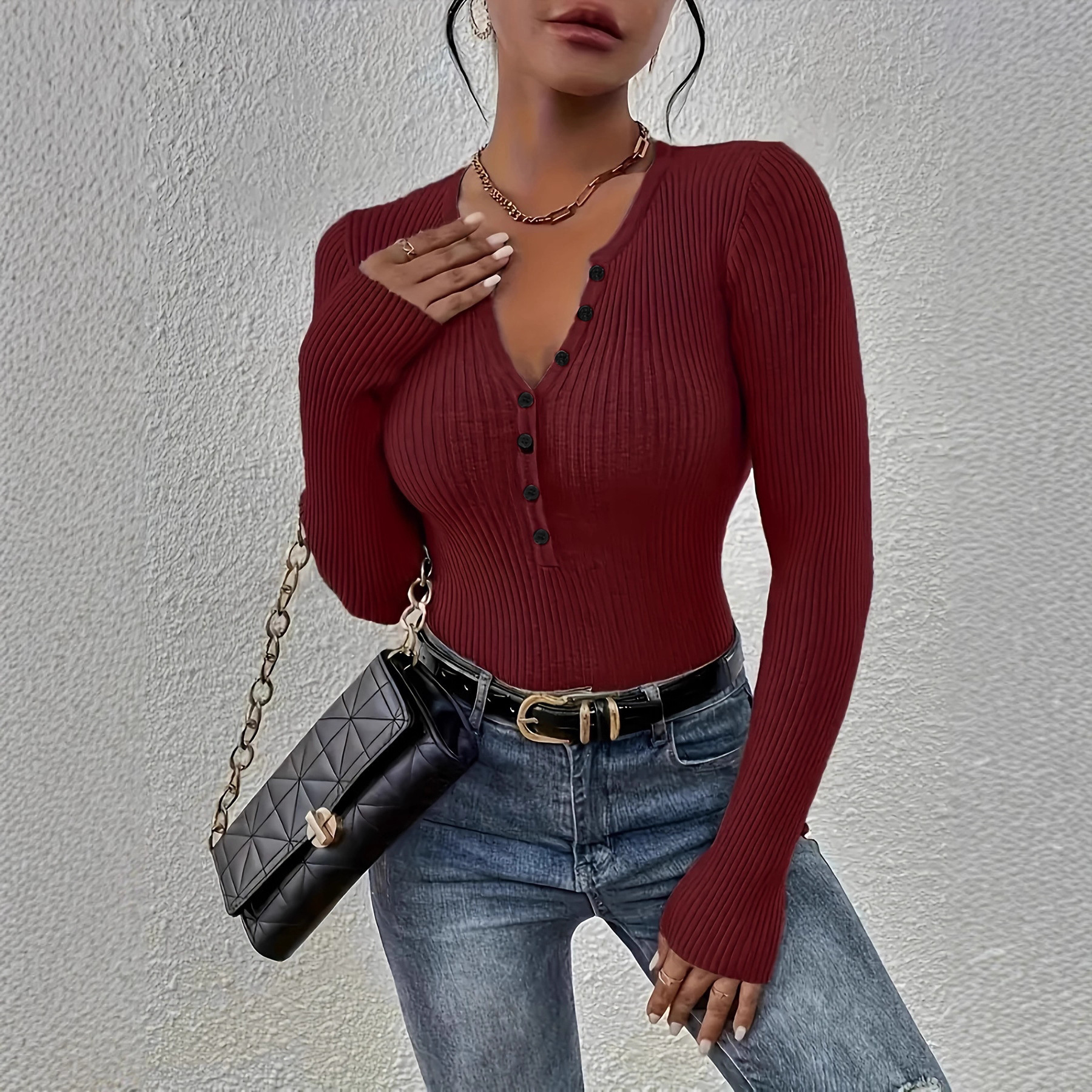 European and American Cross-border Women's Knitted Sweater Amazon Foreign Trade Solid Color Slim-fit Slim-fit All-match Long Sleeve Pullover Sweater