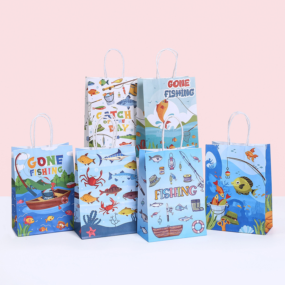 亚马逊新款钓鱼主踢手提袋印花礼物包装袋批发牛皮纸袋子