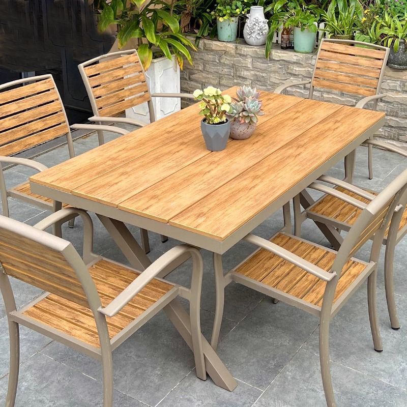 Outdoor Plastic Wood Tables and Chairs Courtyard Open-Air Garden Villa Leisure Tables and Chairs Outdoor Tea Table and Chair Combination Set Silk Flowers