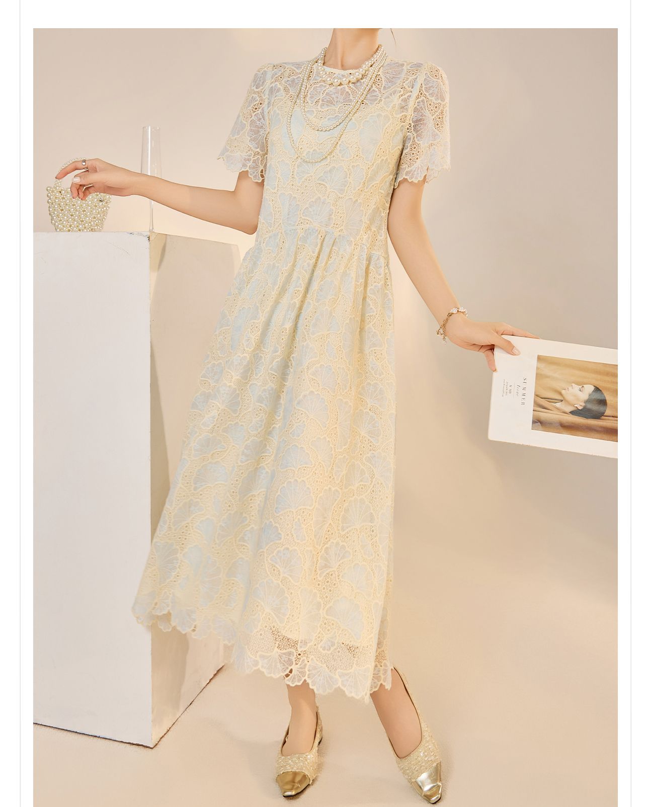 Đầm maxi nữ phong cách dân tộc dáng rộng, tay ngắn, thắt eo, thiết kế cổ tích mùa hè — Màu xanh lam hồng chi tiết 14