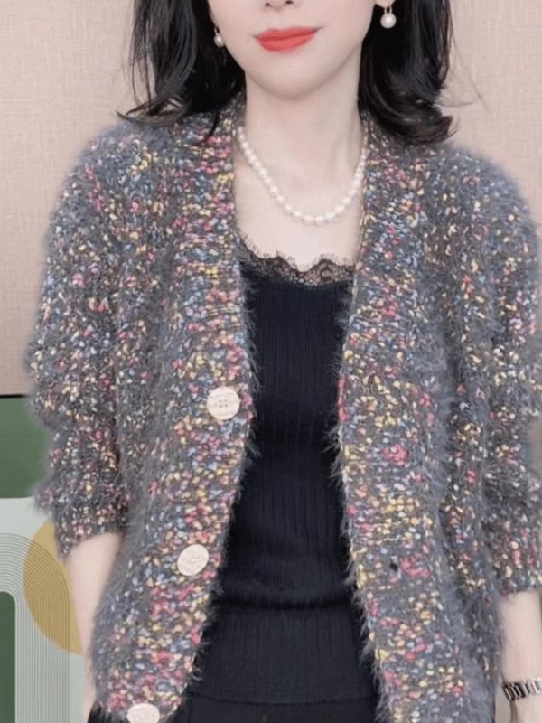复古女时尚超好看花线彩色V领针织开衫甜美休闲宽松小香风外套|undefined