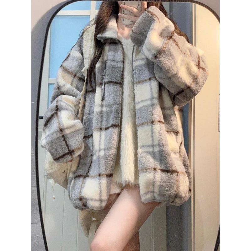 外搭格子立领长袖加绒外套女学生秋冬季中长款宽松百搭上衣
