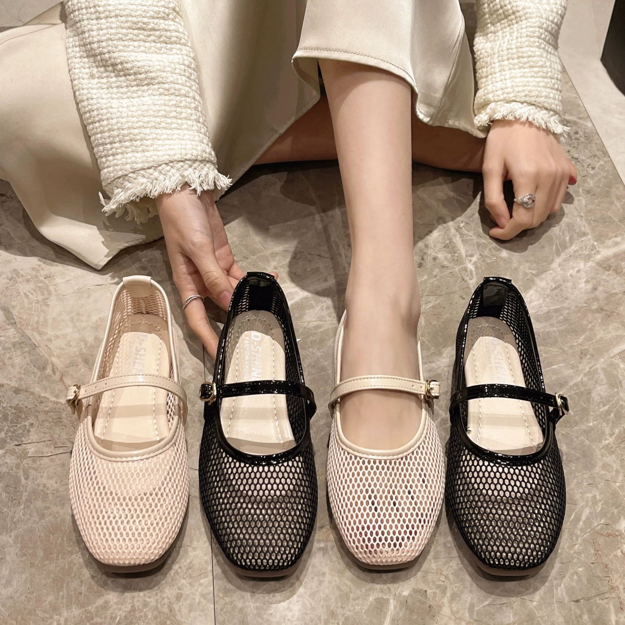 2025 new summer style small fragrant flat Mary Jane shoes for women Korean style French mesh shallow mouth breathable beanie women's shoes