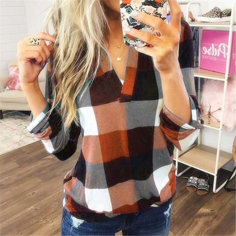 Frau Bluse Lange Ärmel Blusen Drucken Patchwork Lässig Plaid display picture 3