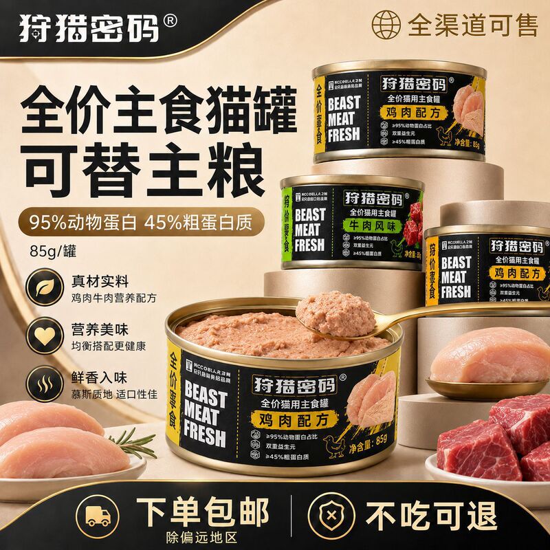 Hunting Code Full-Price Main Food Cat Cans, Fresh Meat Wet Food, Nutritious Main Food for All Stages, 85g/can