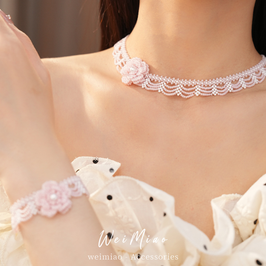Rosa dulce viento cuentas de encaje flor collar de perlas ligero lujo nicho cadenas de clavícula temperamento conjunto de joyas de alta calidad