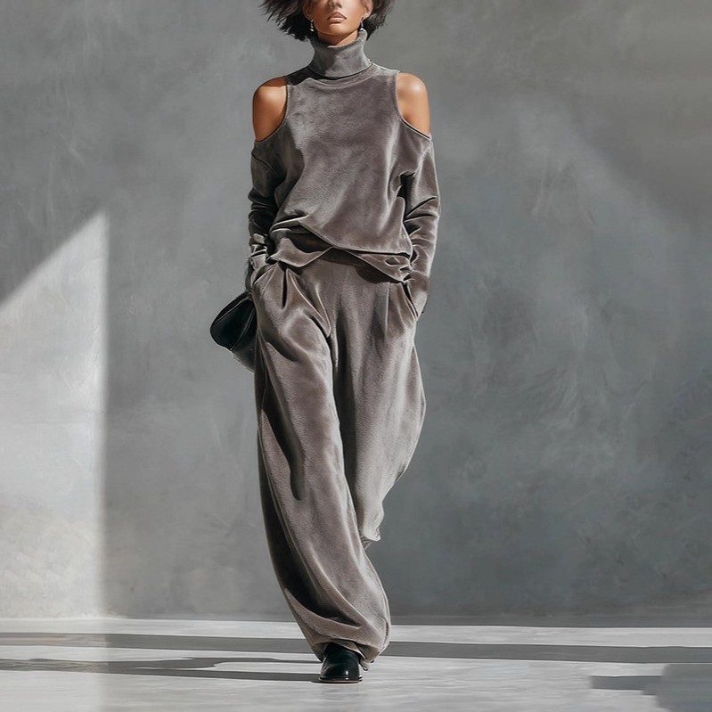 Autumn/Winter Women's Casual Sportswear Set Korean Long Sleeved Solid Color High Neck Zipper Wide Leg Pants_ecoleips.com