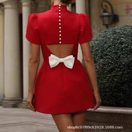 批发2024夏新品欧美风女装红色立领蝴蝶结饰连衣裙