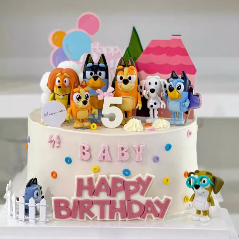 Children's Birthday Puppy Bluey Doll Cake Decoration Ornaments Cartoon Small House Coconut Tree Baking Decoration Plug-In