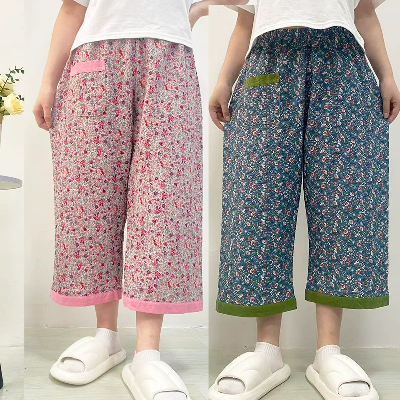 Укороченные брюки с цветочным принтом в корейском стиле для женщин, весенние и летние милые пижамные брюки с карманами, которые можно носить на улице, повседневные брюки для дома с цветными блоками.