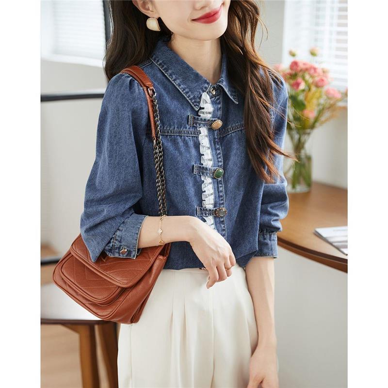 Lace Splicing Denim Shirt for Women 2025 Spring New Top Right Shoulder Casual Layered Blue Shirt