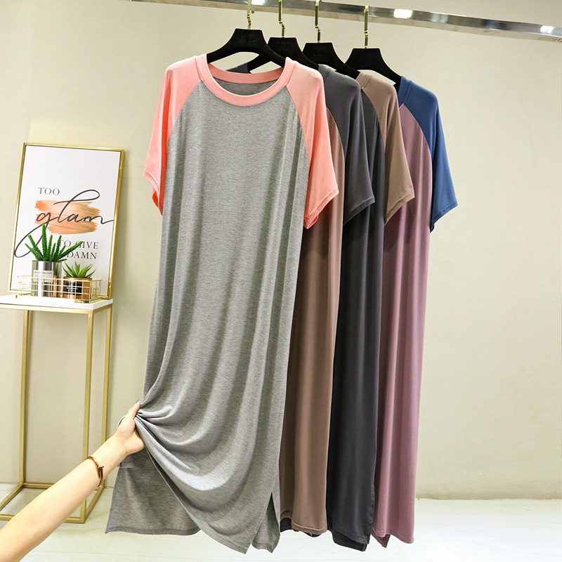 韩版比特棉连衣裙女插肩袖薄款莫代尔宽松休闲圆领开叉长裙