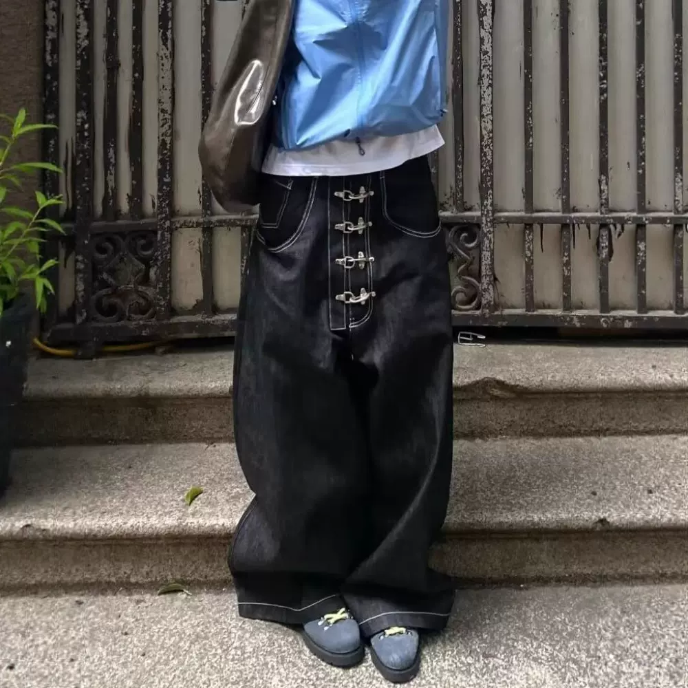 美式复古排扣设计弯刀牛仔裤男夏季潮牌高街vibe宽松阔腿拖地长裤