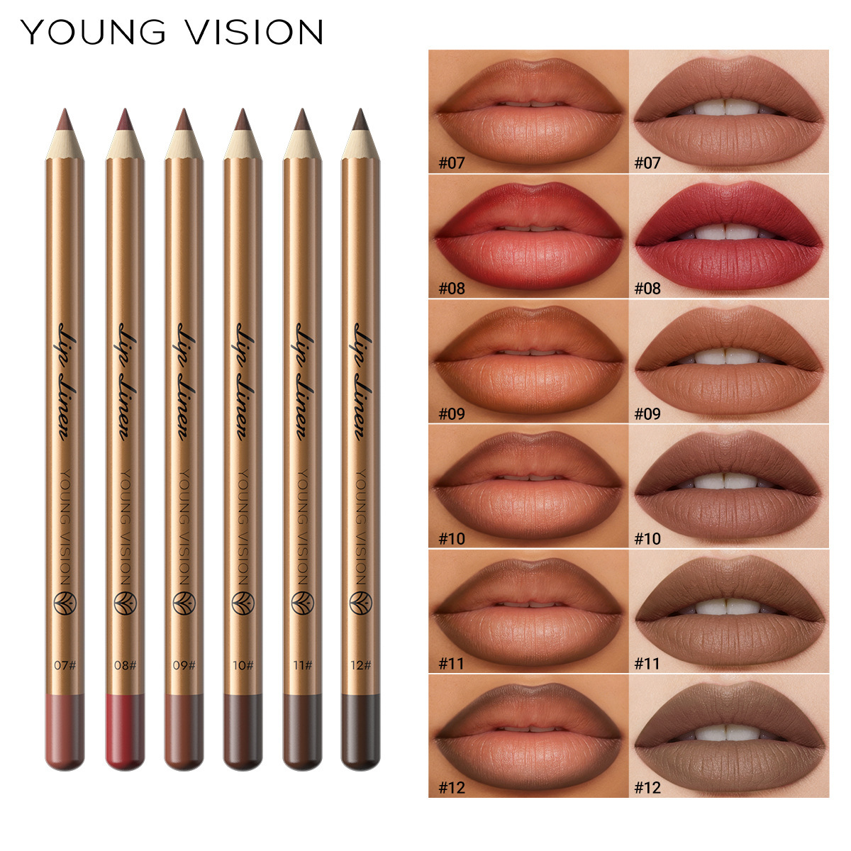 Young Vision Wooden Lip Liner Pencil Velvet Matte Lip Shaping Pencil with Sharpenable Tip 12 Colors Lip Liner Pencil