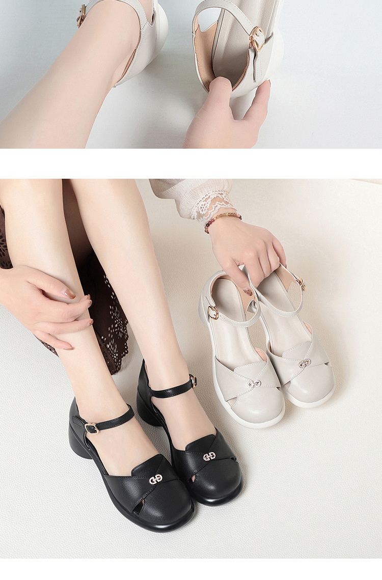 Sandal cao gót nữ quai ngang da bò thật, gót vuông ổn định, đế dày phong cách La Mã — Đen【Da bò lớp đầu】 chi tiết 15