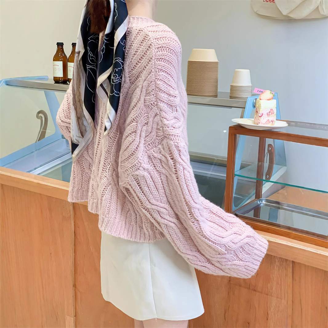 [Real Shot] estilo suave cuello en V Twist lana de punto cardigan mujeres perezoso suelto casual corto manga larga suéter
