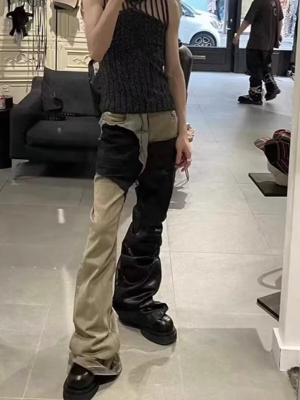 RO Style Old Washed Stitching Coated Wax Pants Wide Leg Micro La Gao Street Niche Stacked Jeans for Men and Women All-Match