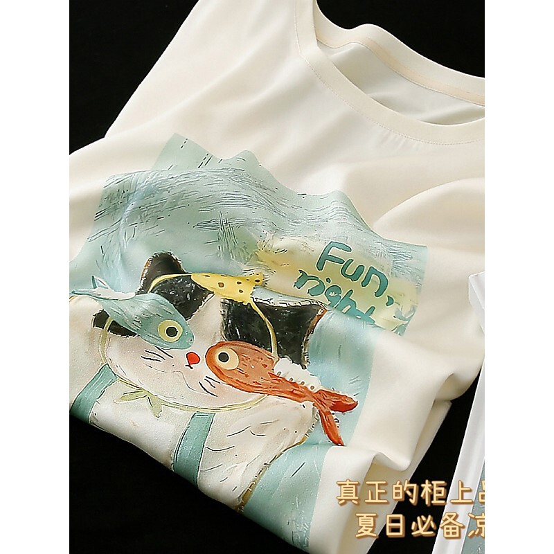 The Feeling Is Great! Mulberry Silk + Cotton Splicing = Comfortable, Sweat-Absorbent and Breathable ~ Printed Straight Round Neck Short-Sleeved T-Shirt for Women