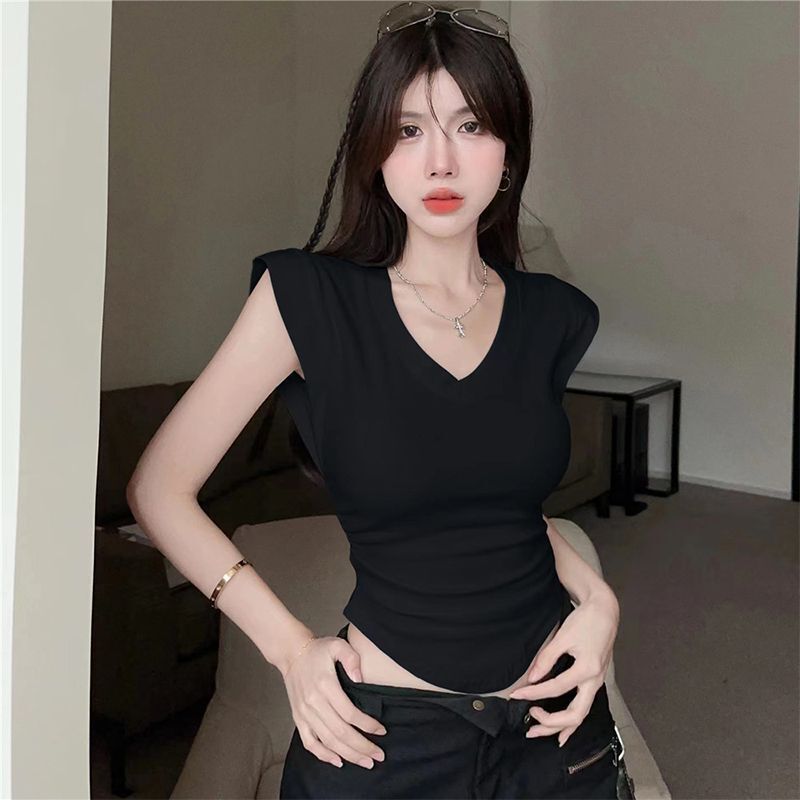 夏のユニークなタイのデザインvネックの肩の半袖tシャツの女性のアーチ型の裾のスリムなスリムな短い上着の卸売り|undefined