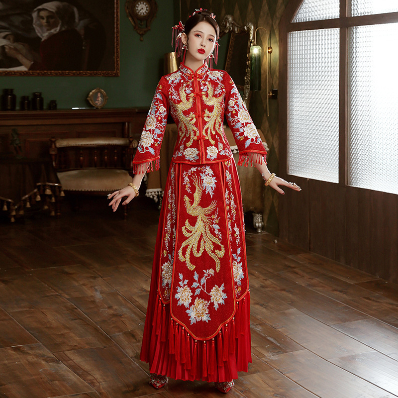 New Chinese Style Big Jinfeng Embroidered Xiuhe Dress Bride Wedding Toast Dress Classical Red Xiuhe Dress Cheongsam Dress