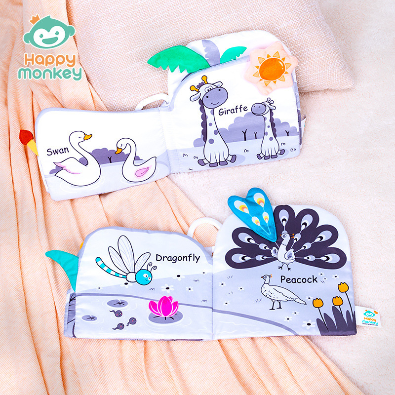 Happy monkey libro de tela tridimensional, entrenamiento visual para bebés, juguetes de educación temprana para bebés que no se pueden desgarrar.